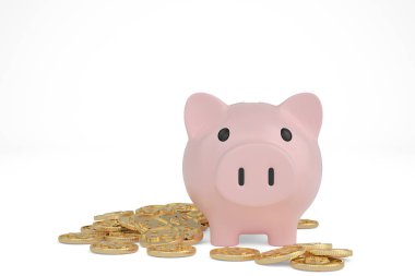 Paralı domuz kumbarası. Para tasarrufu, ekonomi, yatırım, bankacılık veya iş hizmetleri konsepti, 3D tasarım. 3B illüstrasyon.