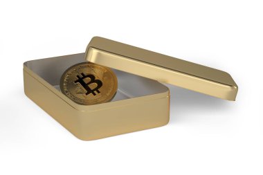 Bitcoin altın açık kutuda. 3 boyutlu görüntüleme. 3B illüstrasyon.