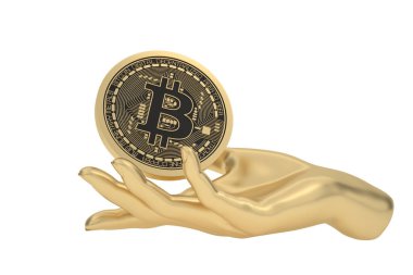 Altın el ve bitcoin Beyaz Arkaplanda izole edilmiş, 3 boyutlu resimleme. 3d hazırlayıcı