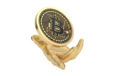 Altın el ve bitcoin Beyaz Arkaplanda izole edilmiş, 3 boyutlu resimleme. 3d hazırlayıcı