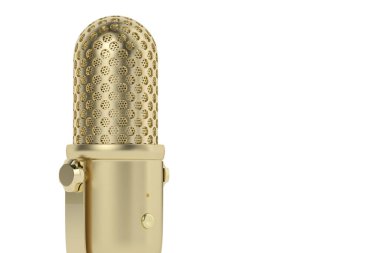 Beyaz arka planda izole edilmiş altın bir mikrofon. 3B illüstrasyon.
