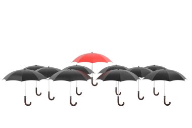 3d render Red Umbrella shield protect and leadership different employee.insurance protection with umbrella concept.. 3d illustration.