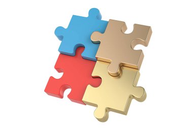 Altın ve çelik puzzle parçaları üzerinde beyaz background.3d illüstrasyon.