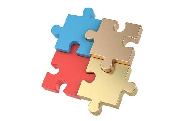 Gold Steel Puzzle Pieces White Background Illustration — Stock Photo, Image