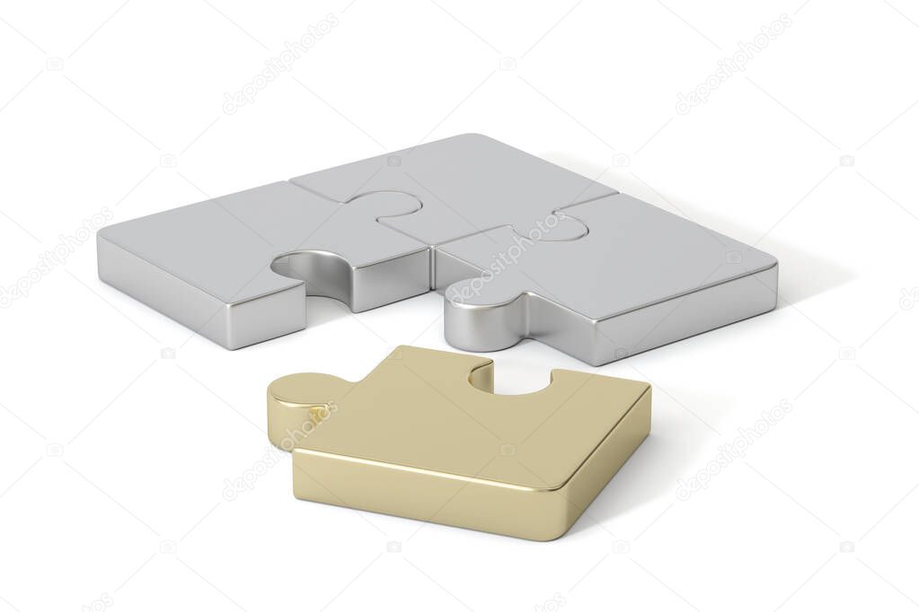 Gold and steel puzzle pieces on white background.3D illustration.