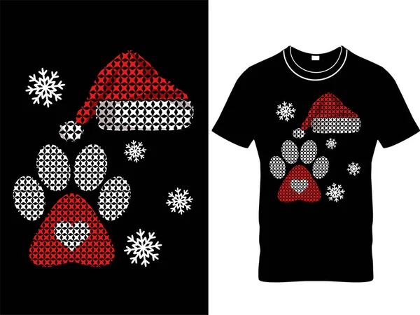 Noel tişörtü ve Noel Baba şapkası ve evcil hayvan pençesi desenli moda tasarımı, kış çizimi. Küresel örnekler. Biçimlendirilmiş baskılı grafiksel t-shirt tasarımı.