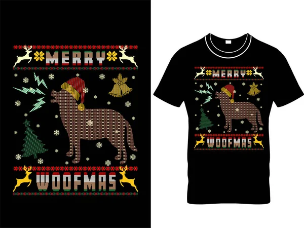 Mutlu woofmas tişörtleri ve modaya uygun tasarımları Noel Baba şapkası, tipografi, baskı ve Noel illüstrasyonlu baş döndürücü köpeğiyle birlikte. Küresel örnekler. Grafik tişört tasarımı, tipografi, stilize edilmiş metin ile yazdırma.