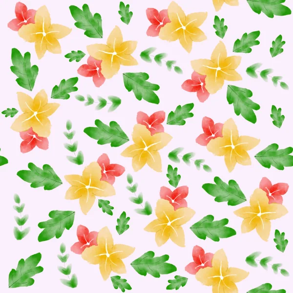 Watercolor Seamless Pattern Colorful Hibiscus Orange Flower Green Pink — Stock Photo, Image