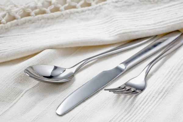 Spoon Fork Knife White Tablecloth Table Setting — Stock Photo, Image