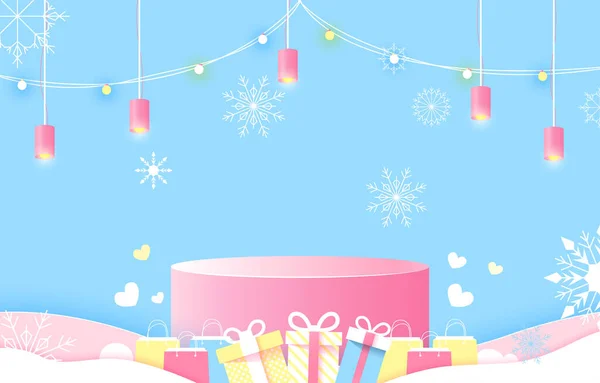 Podium Für Die Platzierung Von Produkten Weihnachten Schneeflocken Einkaufstaschen Geschenkbox — Stockvektor
