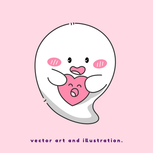 Μικρό Φάντασμα Που Κρατάει Μια Χαριτωμένη Καρδιά Cartoon Διανυσματική Τέχνη — Διανυσματικό Αρχείο