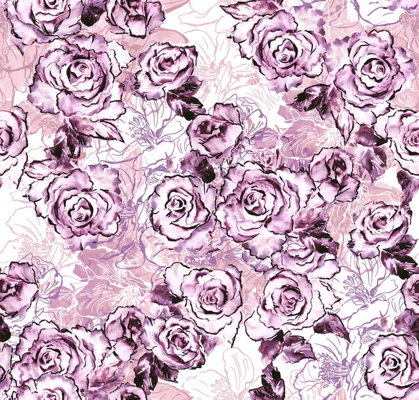 Abstract Watercolor hand-drawn Rose flower. Beautiful blossom and buds. Seamless repeat print pattern