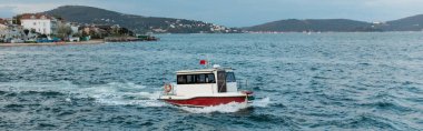 national turkish flag on boat sailing in blue sea in turkey, banner clipart