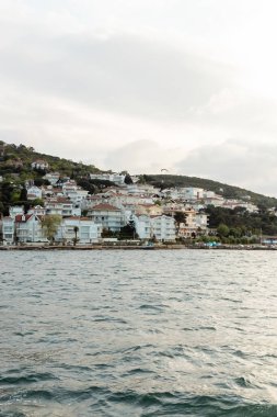 Beyaz ve modern Türk evleri deniz kenarındaki prenses adalarında hindi içinde 