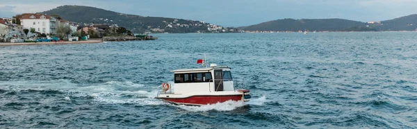 National turkish flag on boat sailing in blue sea in turkey, banner — Stock Photo