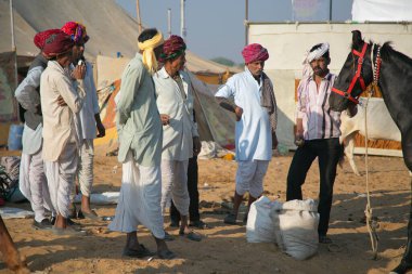 Pushkar, Rajasthan, Hindistan - Pushkar Mela 'daki bir grup Hintliye at satan adam.