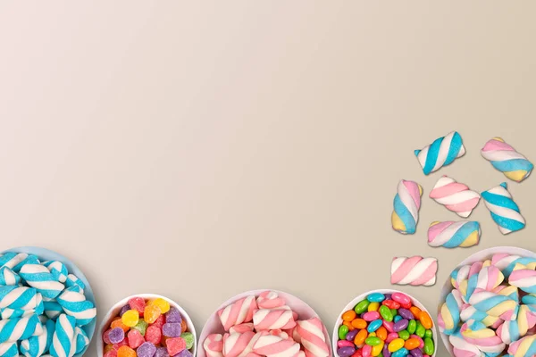 Colorful Candies Marshmellows Jars Copy Space — Stock Photo, Image