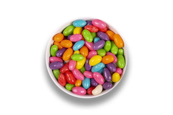 Pilules Bonbons Colorés Dans Bol Isolé Sur Fond Blanc Vue — Photo