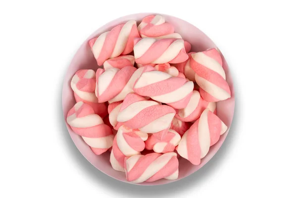 Cuenco Con Caramelos Rosados Sobre Fondo Blanco Vista Superior —  Fotos de Stock