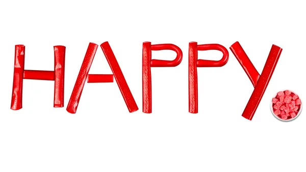 Word Happy Escrito Con Caramelos Rojos Tazón Caramelos Fondo Blanco — Foto de Stock