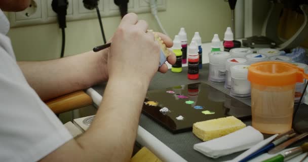 Зубной техник выбирает цвет и наносит краску на челюсть модели протеза щеткой в стоматологической лаборатории. — стоковое видео