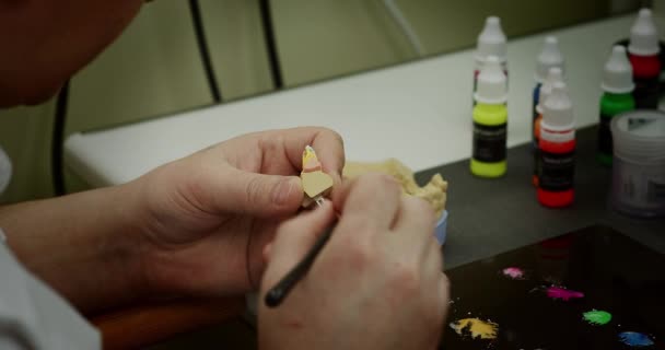 Tehnicianul dentar selectează culoarea și aplică vopseaua pe maxilarul modelului dentar cu o perie în laboratorul dentar. — Videoclip de stoc