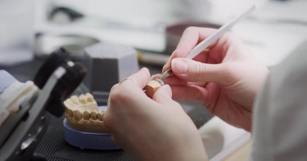 Zubní technik drží v rukou maketu čelistního artikulátoru.. — Stock video