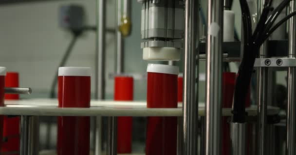 Impianto Produzione Olio Macchina Bottiglie Plastica Rossa Muovono Lungo Una — Video Stock