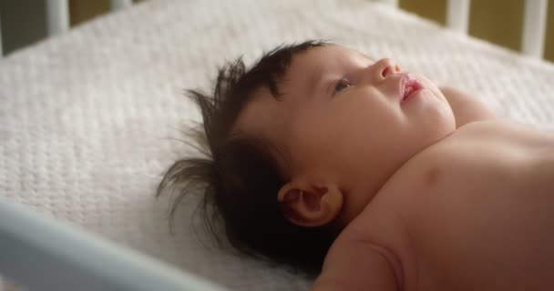 Nyfödd bebis i blöja ligger på rygg i en lätt barnsäng. — Stockvideo