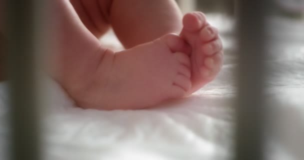 Close up de pernas de bebê de um recém-nascido deitado de costas em um berço infantil. — Vídeo de Stock