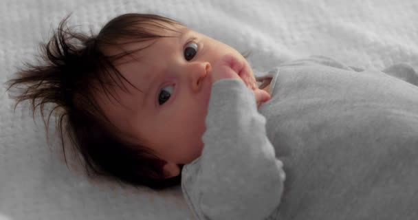 Portrait of a cute newborn toddler lying in a crib. — Vídeo de Stock
