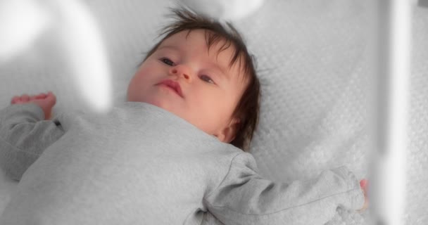 Newborn baby in a gray bodysuit is lying in a crib and looking at a child mobile — Stockvideo