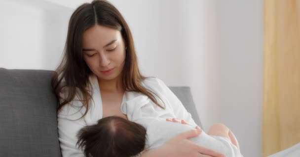 Mother is breastfeeding her newborn baby in the nursery. Mom cradles a infant. — Stock Video
