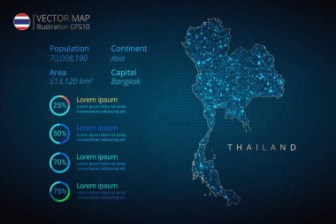 Soyut geometrik örgü çokgen ışık kavramına sahip Tayland haritası bilgi-grafik vektör şablonu mavi arka planda. Diyagram, grafik, sunum ve grafik için şablon