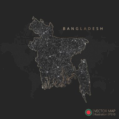 Bangladeş haritası soyut geometrik ağ çokgen ışık kavramı ile siyah ve beyaz parlayan hatlar ülkeleri ve koyu arkaplan üzerindeki noktalar. Vektör illüstrasyonu