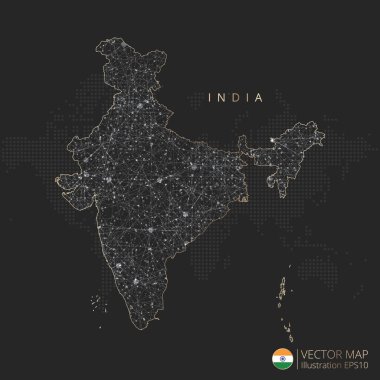 Hindistan soyut geometrik ağ çokgen ışık kavramını siyah ve beyaz parlayan çevre çizgileri olan ülkeler ve koyu arkaplan üzerindeki noktalar ile haritalandırır. Vektör illüstrasyonu