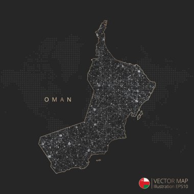 Umman haritası soyut geometrik örgü çokgen ışık kavramı ile siyah ve beyaz parlayan çevre çizgileri ülkeleri ve koyu arkaplan üzerindeki noktalar. Vektör illüstrasyonu