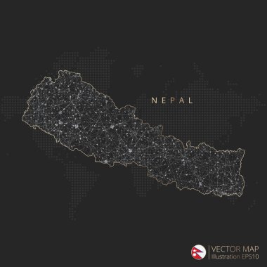 Nepal haritası soyut geometrik örgü çokgen ışık konsepti ile siyah ve beyaz parlayan çevre çizgileri ülkeleri ve koyu arkaplan üzerindeki noktalar. Vektör illüstrasyonu