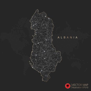 Arnavutluk soyut geometrik ağ çokgen ışık kavramını siyah ve beyaz renkli çevre çizgileri olan ülkeler ve koyu arkaplandaki noktalarla haritalandırıyor. Vektör illüstrasyonu