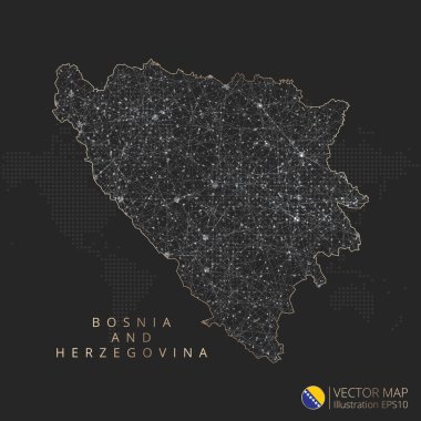 Bosna-Hersek, siyah ve beyaz parlayan hatlara sahip soyut geometrik ağ çokgen ışık kavramının haritası ve koyu arkaplan üzerindeki noktalar. Vektör illüstrasyonu