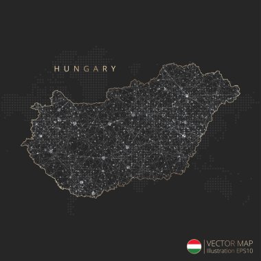 Macaristan haritası soyut geometrik ağ çokgen ışık kavramı ile siyah ve beyaz parlayan çevre çizgileri ülkeleri ve koyu arkaplan üzerindeki noktalar. Vektör illüstrasyonu