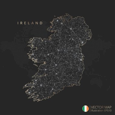 İrlanda haritası soyut geometrik örgü çokgen ışık kavramı ile siyah ve beyaz parlayan hat hatları ülkeleri ve koyu arkaplan üzerindeki noktalar. Vektör illüstrasyonu