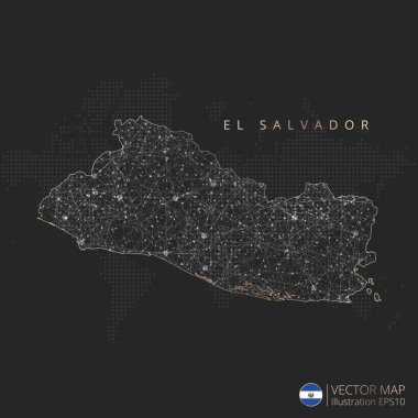 El Salvador haritası soyut geometrik ağ çokgen ışık konsepti ile siyah ve beyaz parlayan hatları olan ülkeler ve koyu arkaplan üzerindeki noktalar. Vektör illüstrasyonu