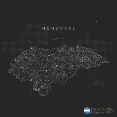 Honduras haritası soyut geometrik ağ çokgen ışık kavramı ile siyah ve beyaz parlayan çevre çizgileri ülkeleri ve koyu arkaplan üzerindeki noktalar. Vektör illüstrasyonu
