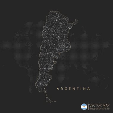 Arjantin haritası soyut geometrik ağ çokgen ışık kavramı ile siyah ve beyaz parlayan hat çizgileri olan ülkeler ve koyu arkaplan üzerindeki noktalar. Vektör illüstrasyonu