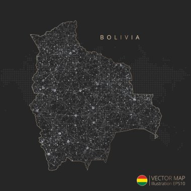 Bolivya haritası soyut geometrik ağ çokgen ışık kavramı ile siyah ve beyaz parlayan çevre çizgileri ülkeleri ve koyu arkaplan üzerindeki noktalar. Vektör illüstrasyonu