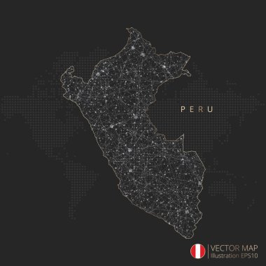 Peru haritası soyut geometrik ağ çokgen ışık kavramı ile siyah ve beyaz parlayan çevre çizgileri ülkeleri ve koyu arkaplan üzerindeki noktalar. Vektör illüstrasyonu