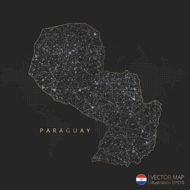 Paraguay haritası soyut geometrik ağ çokgen ışık konsepti ile siyah ve beyaz parlayan çevre çizgileri ülkeleri ve koyu arkaplan üzerindeki noktalar. Vektör illüstrasyonu