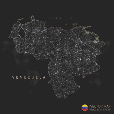 Venezuela haritası soyut geometrik ağ çokgen ışık konsepti ile siyah ve beyaz parlayan hatları olan ülkeler ve koyu arkaplan üzerindeki noktalar. Vektör illüstrasyonu