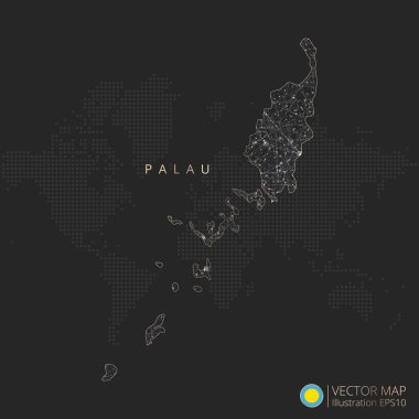 Palau haritası soyut geometrik ağ çokgen ışık kavramı ile siyah ve beyaz parlayan çevre çizgileri ülkeleri ve koyu arkaplan üzerindeki noktalar. Vektör illüstrasyonu
